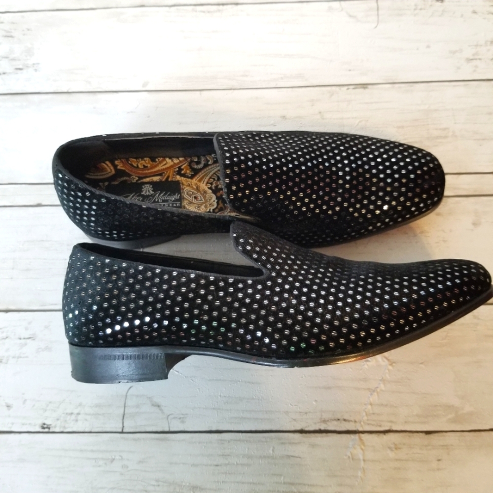 After Midnight Black Macro Velvet Sequined Slip-On Evening Loafers